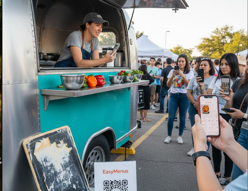 Food truck laminated menus fail in 4-8 weeks from weather. Replacement costs $720-$2,880 yearly. Digital menus: $150/year, update in 45 seconds, weatherproof.
