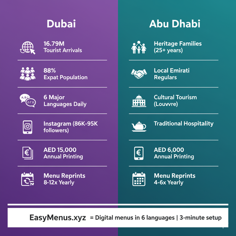 Infographic comparison chart showing Dubai vs Abu Dhabi restaurant
