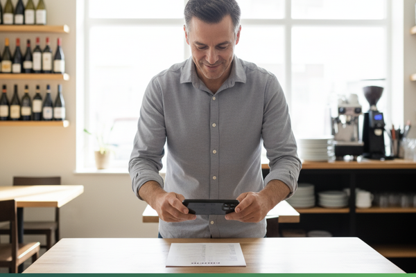 Restaurant Owner Photographing Menu with Smartphone