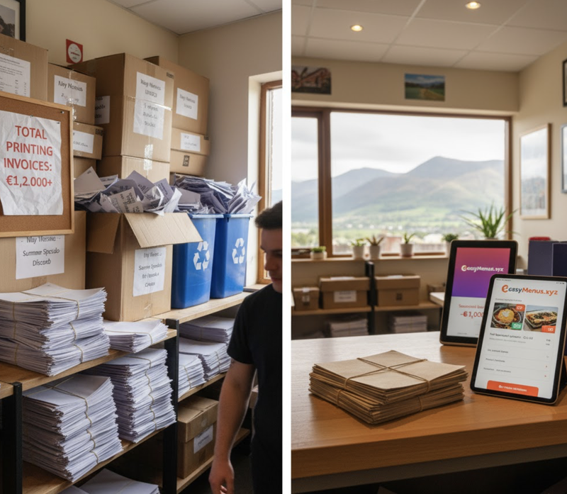 Fergal's Killarney restaurant opened May to October. Three menu prints for six months: €1,200. Leftover menus in November: 280. Pure waste.