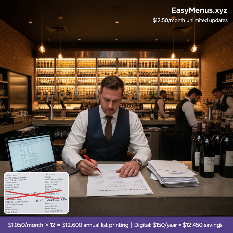 Dallas wine director frustrated with outdated printed wine lists showing crossed-out sold wines and vintage changes, illustrating $12,600 annual printing costs for Texas restaurants with serious wine programs and craft cocktail menus requiring frequent updates