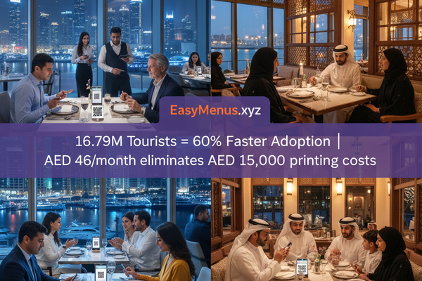 Dubai Marina restaurant with international tourists using QR code digital menus versus Abu Dhabi traditional Emirati restaurant showing contrast in digital adoption rates driven by tourism volume and expat population differences