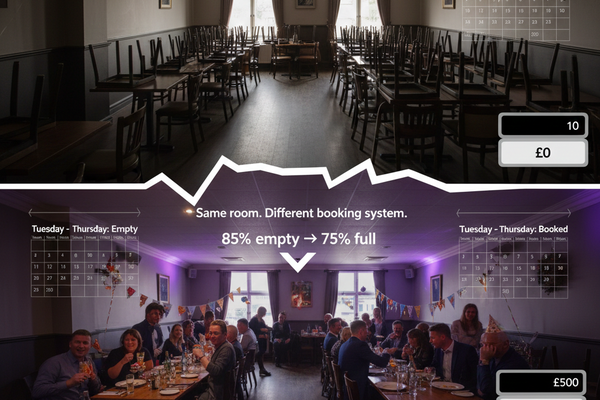 You built that function room 5 years ago. It sits empty most days. Hotels book private events constantly. The gap isn't space or food - it's menus.