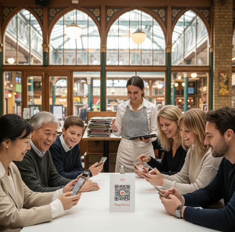 Borough Market's 20-25M annual visitors speak 40+ languages. Printing multilingual menus costs £8,400 yearly. Digital auto-translation: £150/year, 12 languages included.