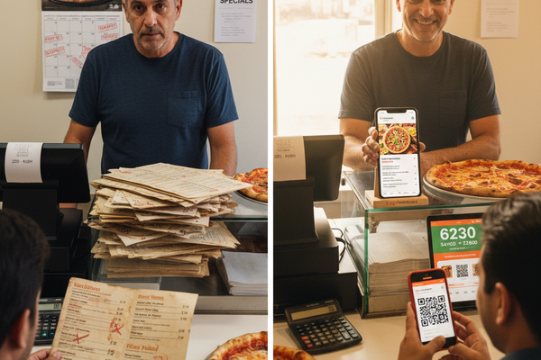Independent pizzeria eliminated $3,840 annual printing costs, added real-time specials, increased average order value 23%. 3-week implementation.