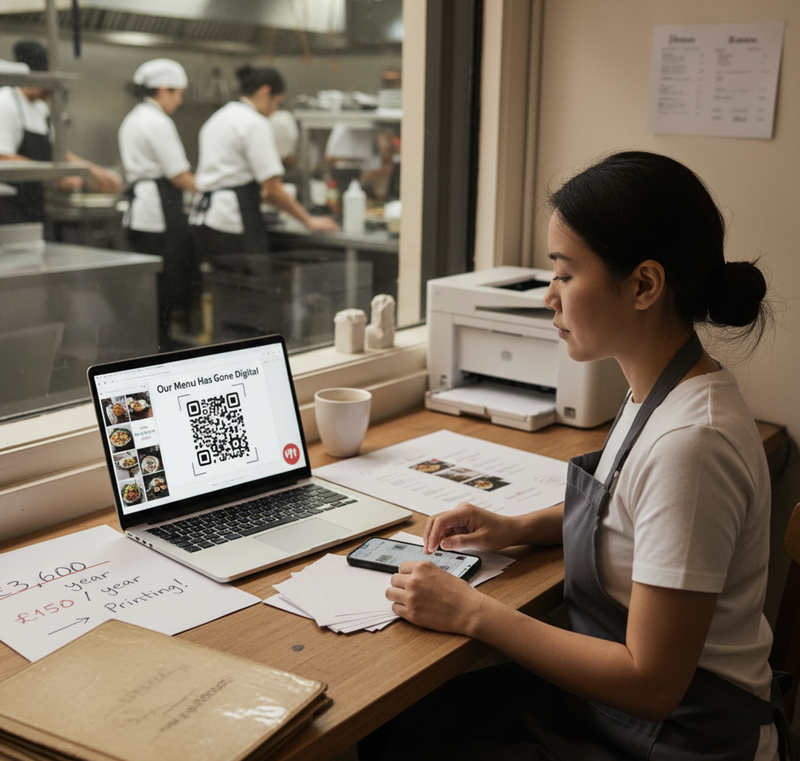 Free templates for promoting digital menus: before/after photos, social posts, flyers, cost savings. Ready-to-use captions, designs, and image prompts included.