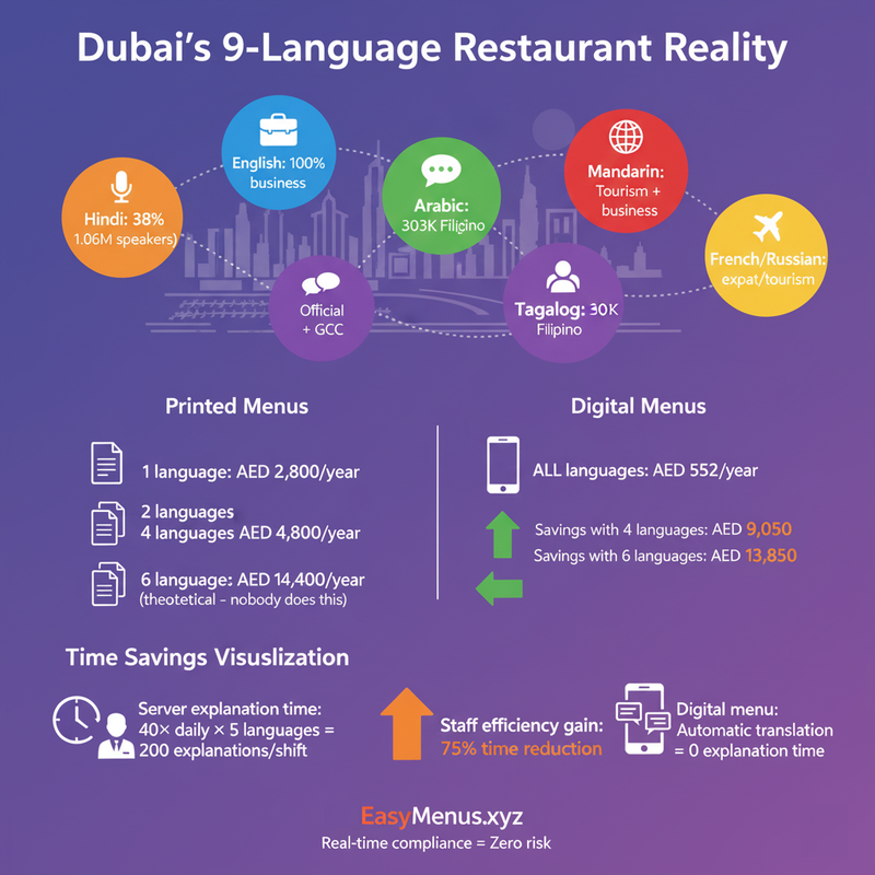 Split-composition restaurant scene showing multilingual dining chaos versus digital solution efficiency