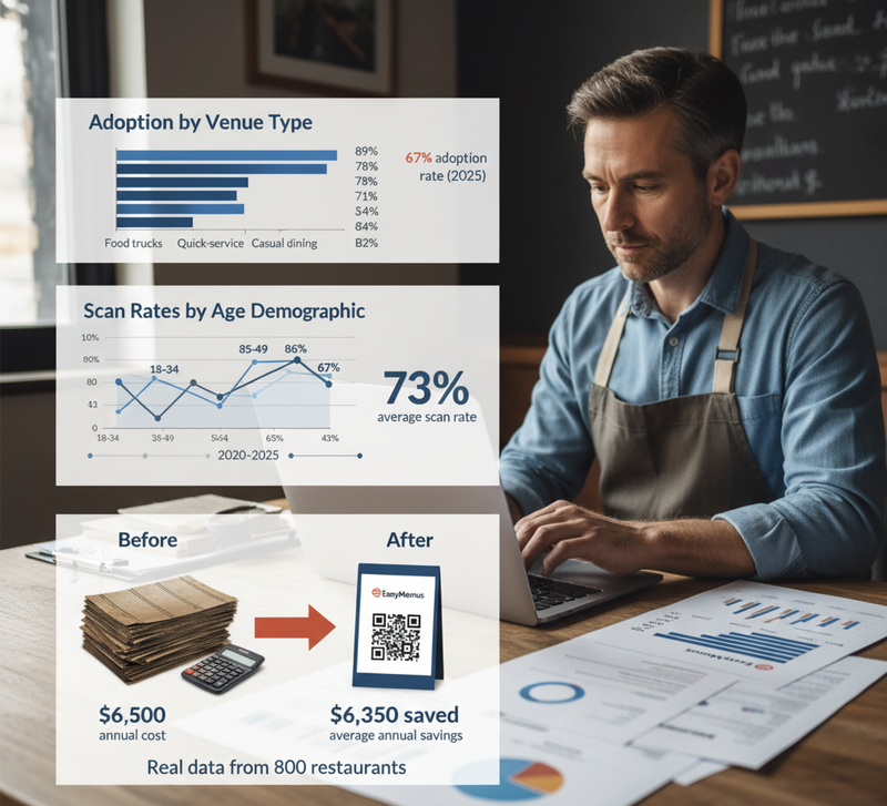67% of restaurants use QR codes. 73% average scan rate. $6,500 annual savings per venue. Real adoption data from 10,000 independent restaurants.