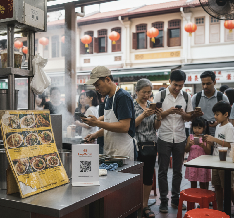 Singapore's 100+ hawker centers face tropical weather menu damage, 70 sq ft space constraints, multilingual needs. Printed menus cost S$3,200 yearly. Digital: S$180.