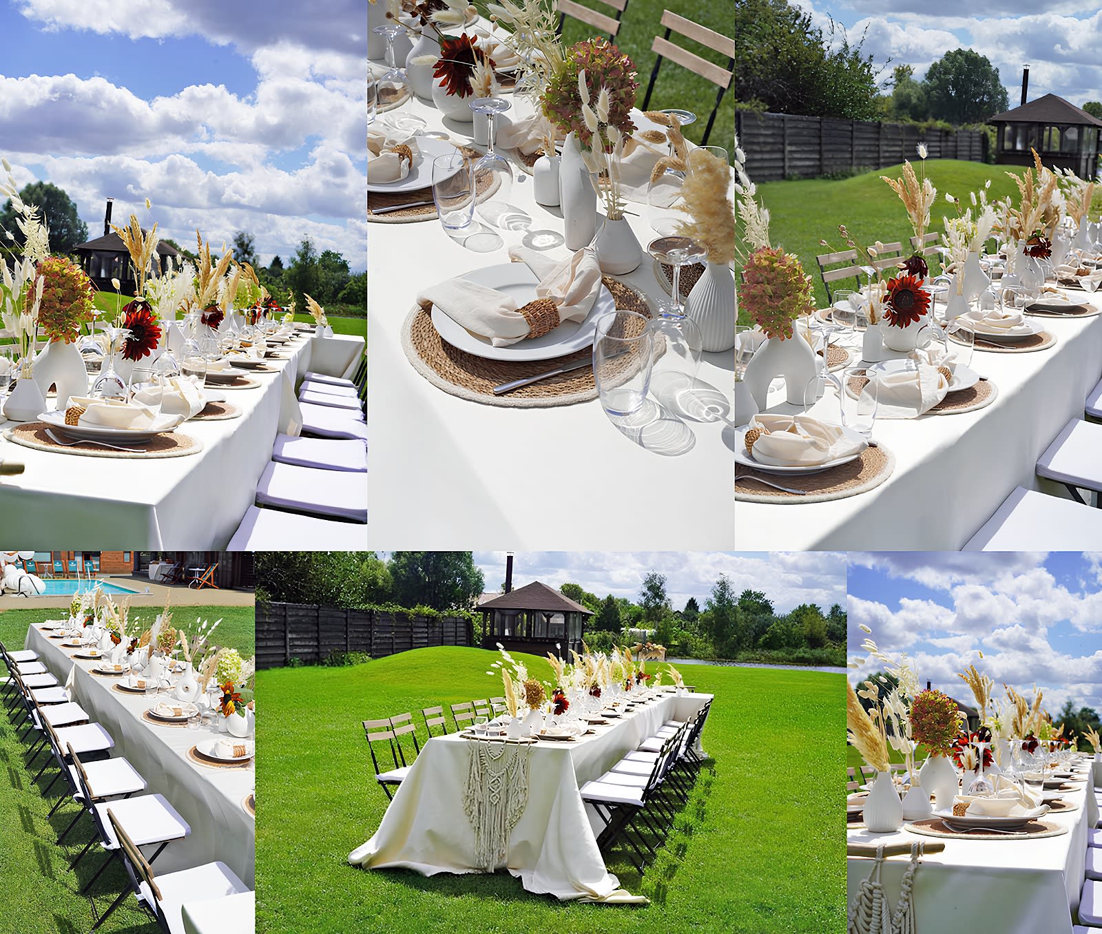 Фото відгук: Весільний стіл з білими гіпсовими вазами та букетами на галявині