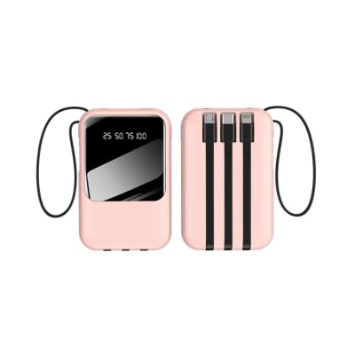 Mini powerbank pink colour 3-cable digital display 10,000mAh.