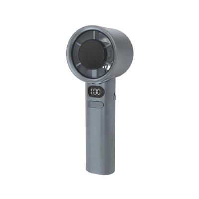 Light Blue Handheld Electronic Fan with digital display.