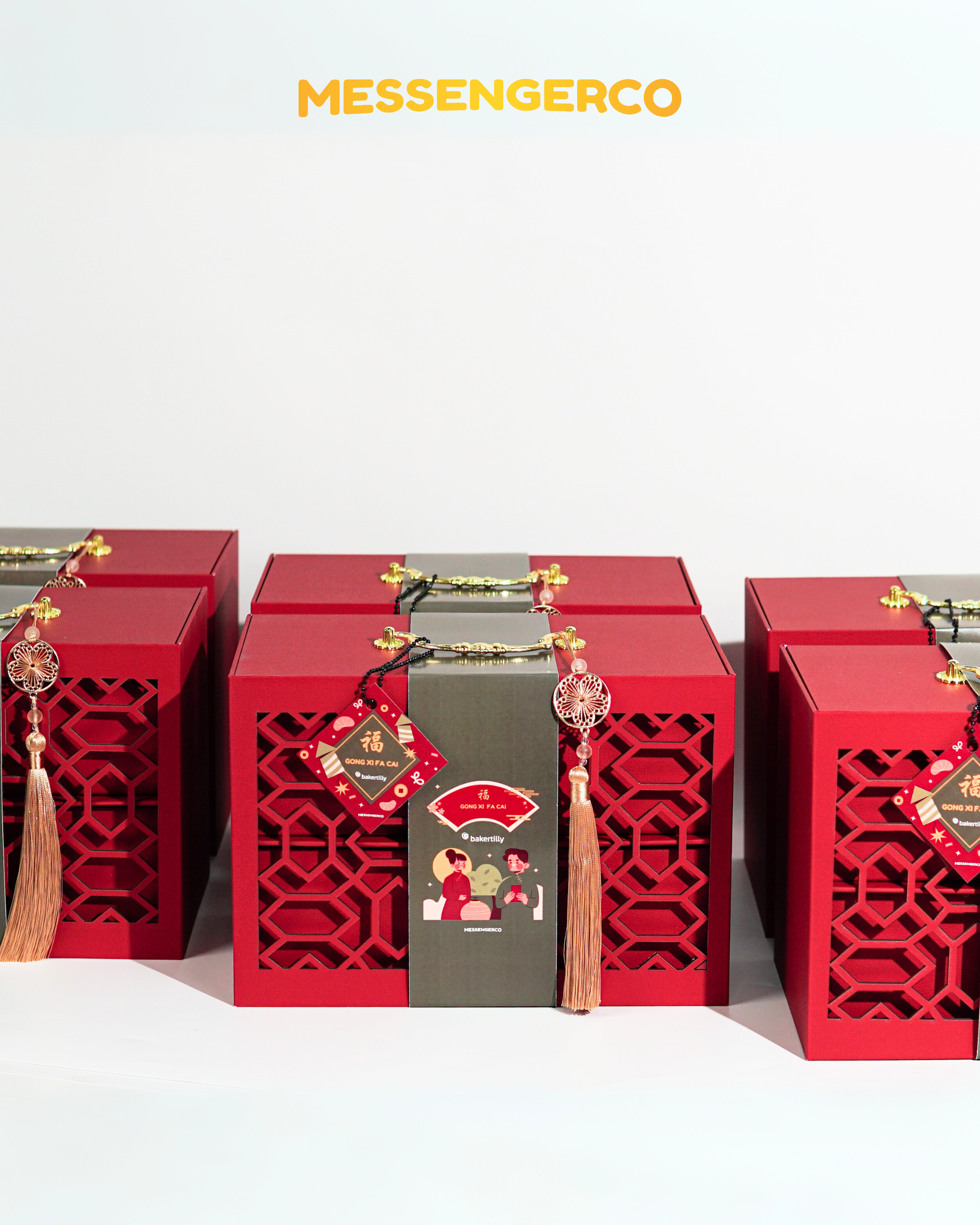 Messengerco Imperial CNY corporate gift set for Baker Tilly displaying festive packaging with green sleeve and elegant presentation.