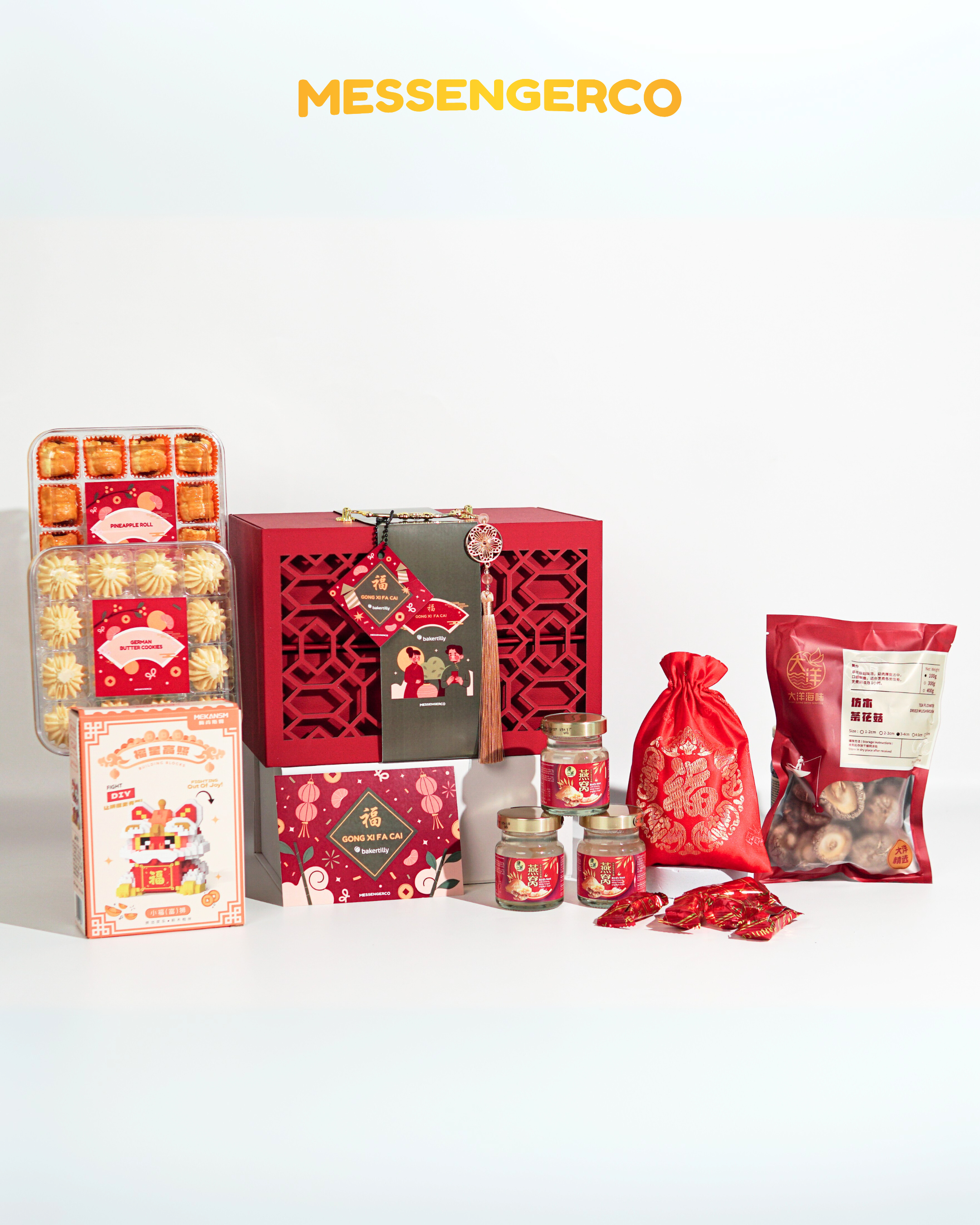 Messengerco Imperial CNY gift box for Baker Tilly featuring abalone, bird’s nest, cookies, and decorative festive card and more.