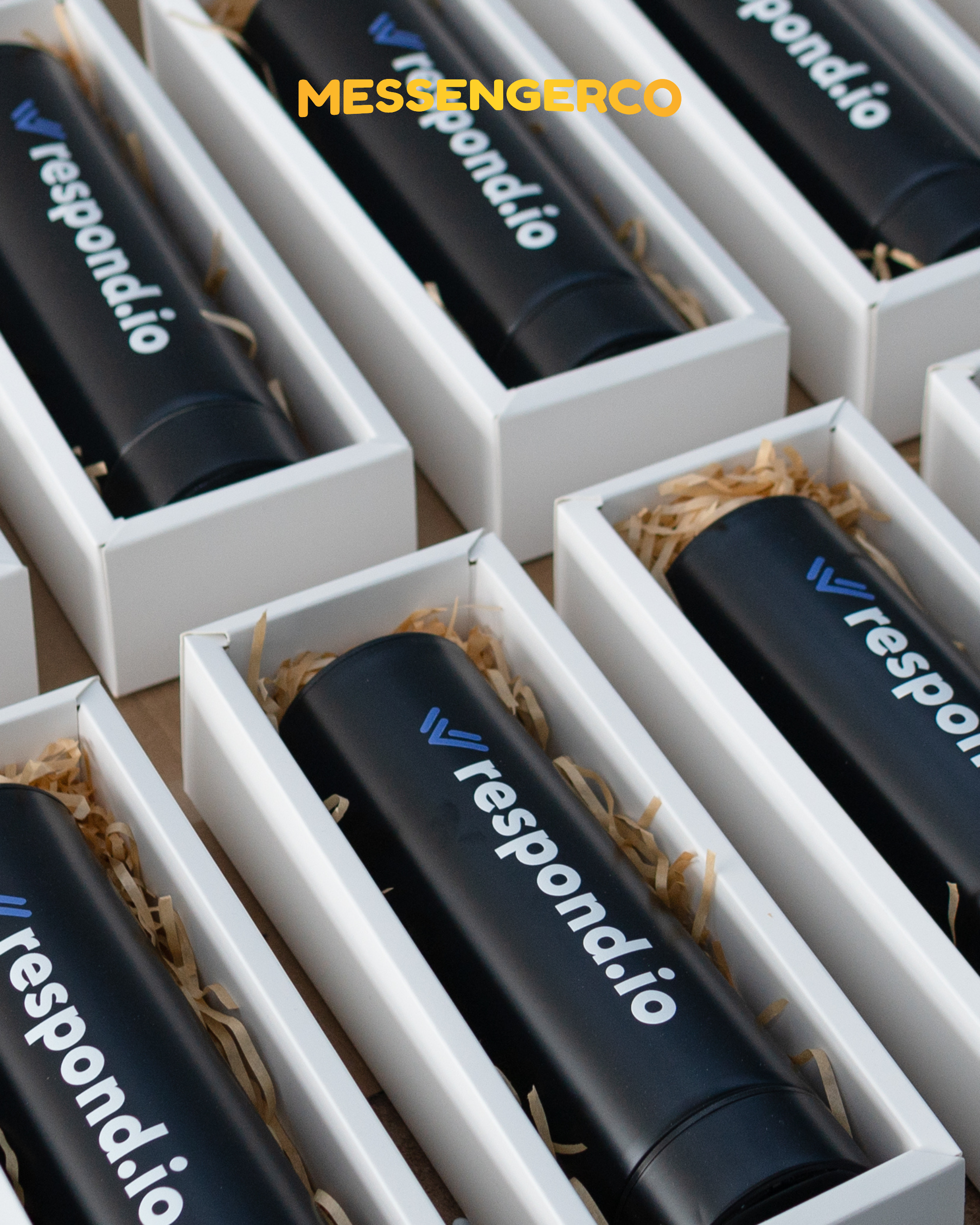 Messengerco Respond.io LED lid flask gift showing black bottle with logo in open white box surrounded by ribbon‑tied boxes.