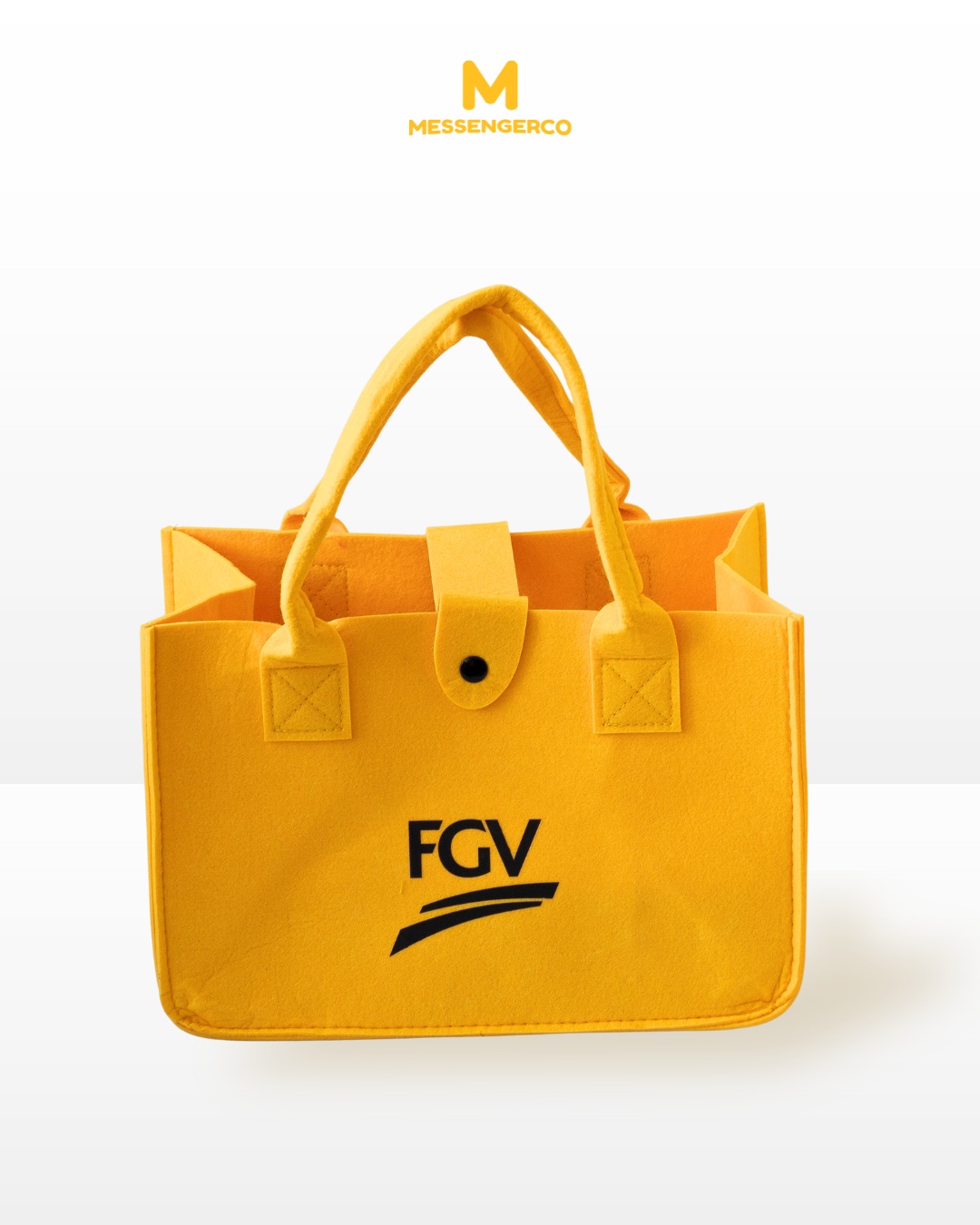 A yellow felt bag with a logo print, ideal for corporate branding, seen in a product showcase for past projects.
