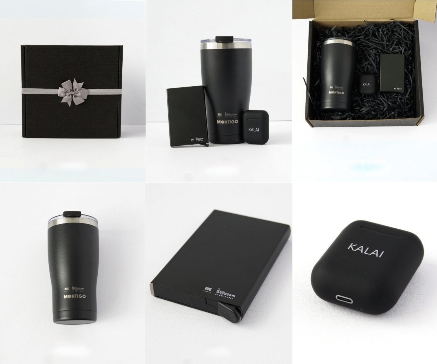 employee appreciation gift with personalised name and company logo printing consists of black montigo tumbler, card holder and earphone in black gift box with black shredded papers.