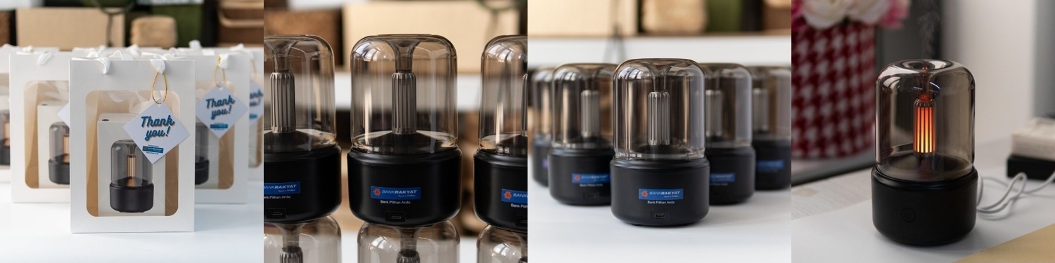 client appreciation gift set for bank rakyat consist of black humidifier with logo printing and white paper bag with window and gift tag