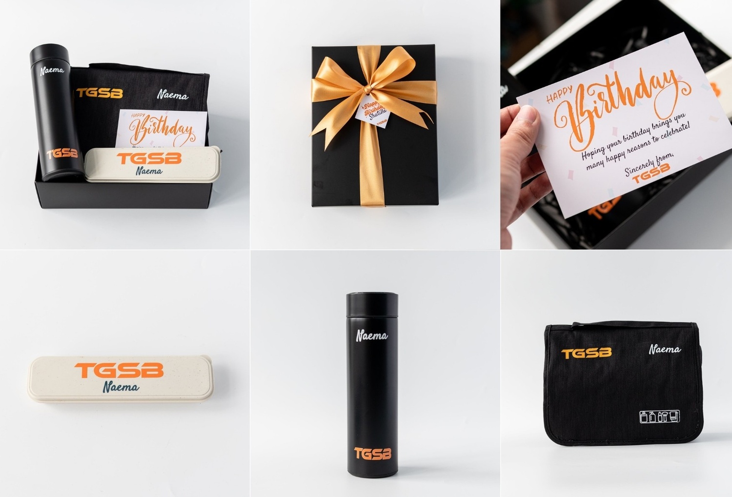 birthday gift for employee consists of black tumbler, black pouch, wheat eco cutlery set, gift card in gift black gift box with golden ribbon for corporate client,TGSB.