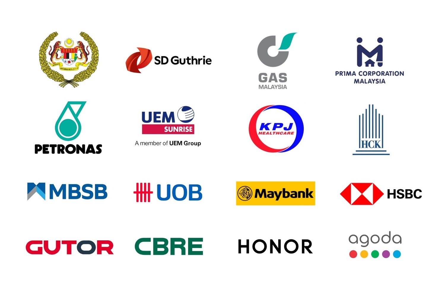 messengerco'a clients list logo of Istana Negara, SG Guthrie, Gas Malaysia, PR1MA, Petronas, UEM Sunrise, KPJ, HCK, MBSB Bank, UOB Bank, Maybank, HSBC, GUTOR, CBRE, HONOR, Agoda.