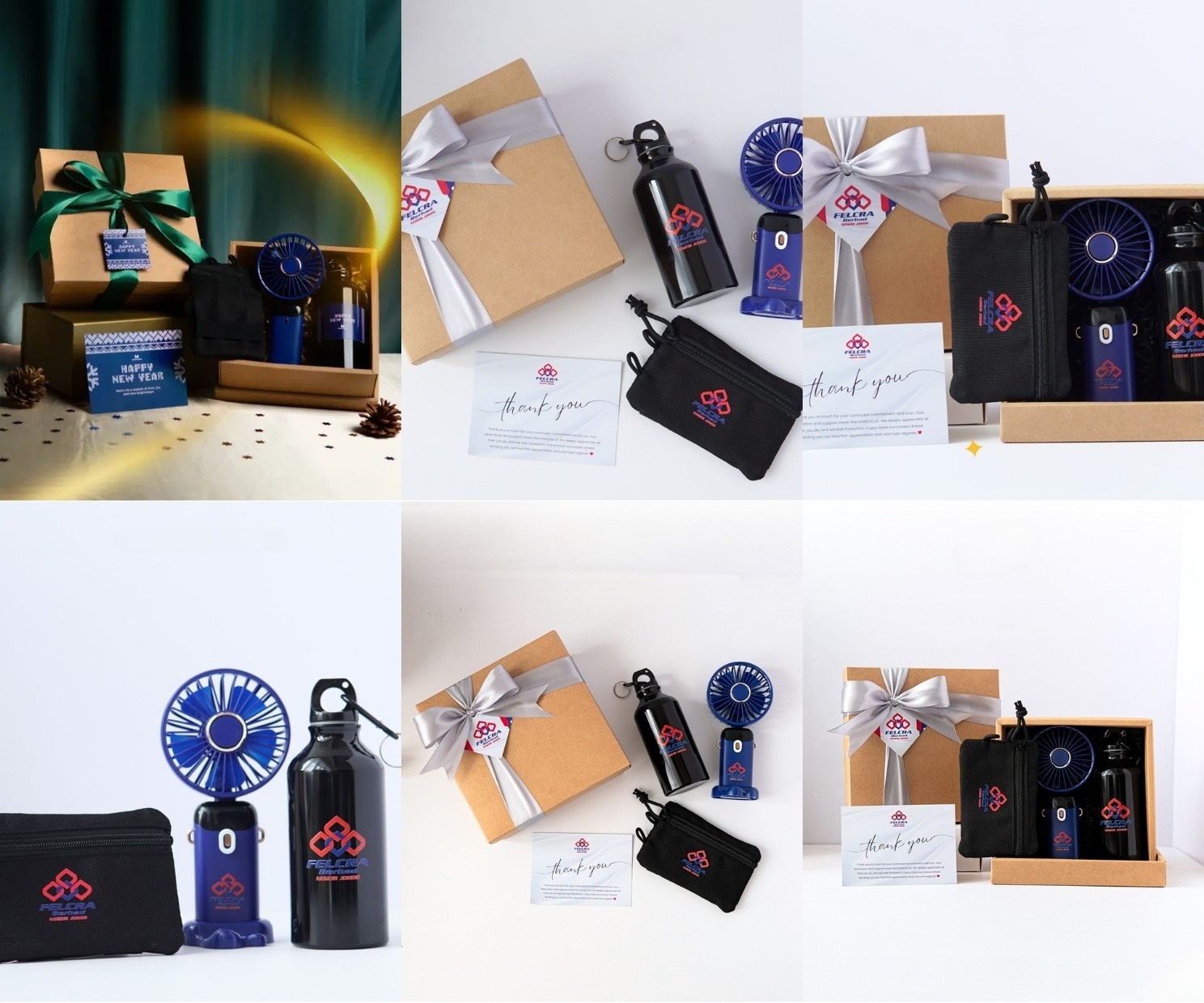 Practical year end and christmas corporate gifts of black pouch, blue tumbler, blue hand fan, gift card in kraft gift box with satin ribbon.