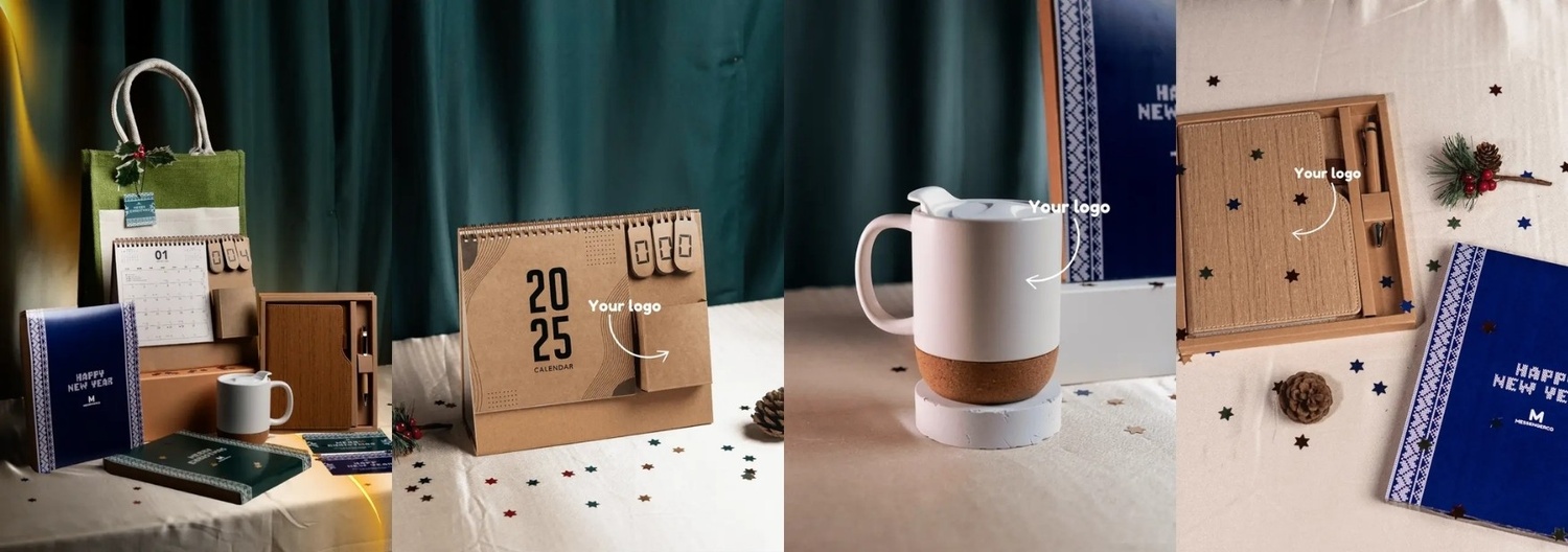 Eco-friendly corporate Christmas gift set with jute bag, calendar, notebook, pen and ceramic mug with cork base.