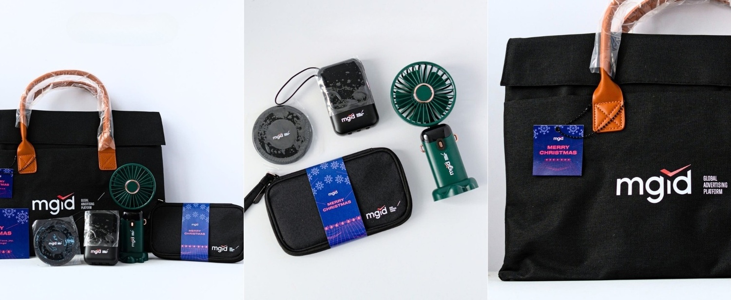 Corporate Christmas gifts set featuring custom black laptop oxford bag, portable mini fan, wireless charger, power bank, and tech pouch. Premium office tech gifts for company events and year end appreciation by MessengerCo.