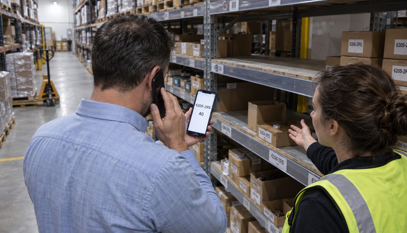 A sales rep on a call in a warehouse aisle holds a second phone showing part 6205-2RS with a quantity of 40, while a colleague in a hi-vis vest gestures at a part-empty shelf bay