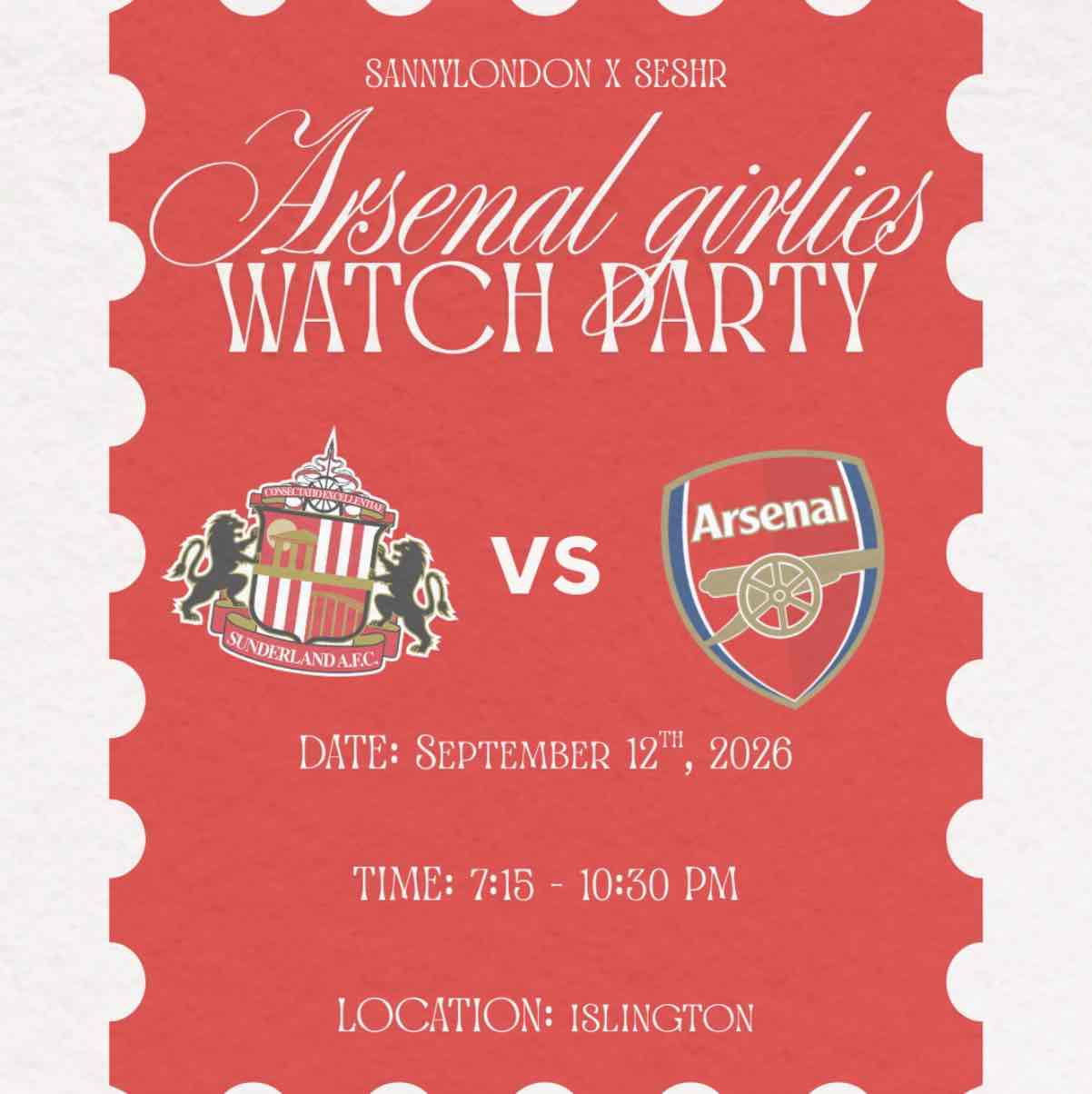 Girls only Sunderland vs Arsenal (men’s PL game) event image
