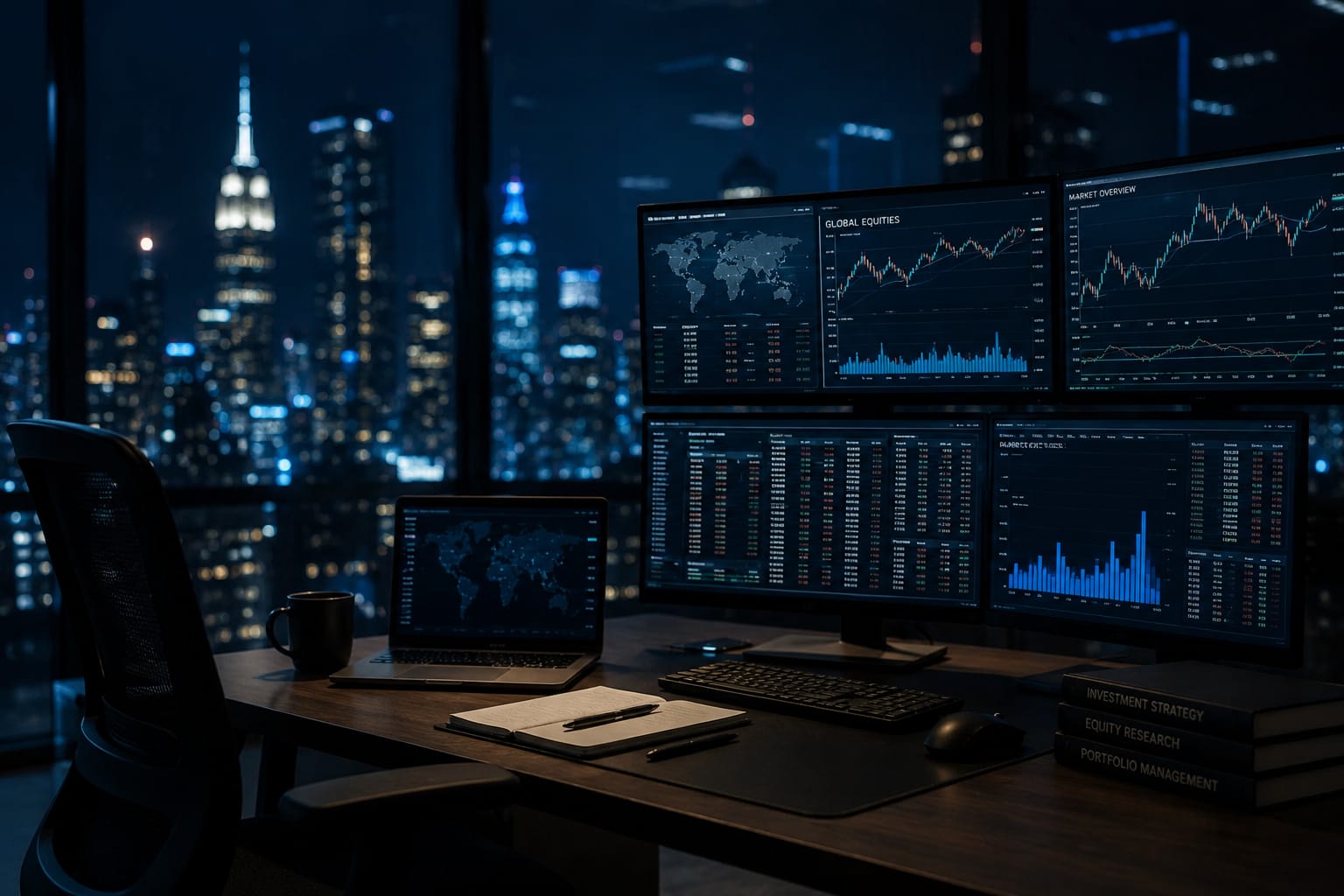 Night trading desk overlooking a city skyline