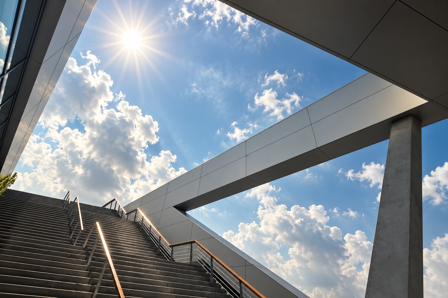 Concrete stairs rising toward a bright sunlit sky