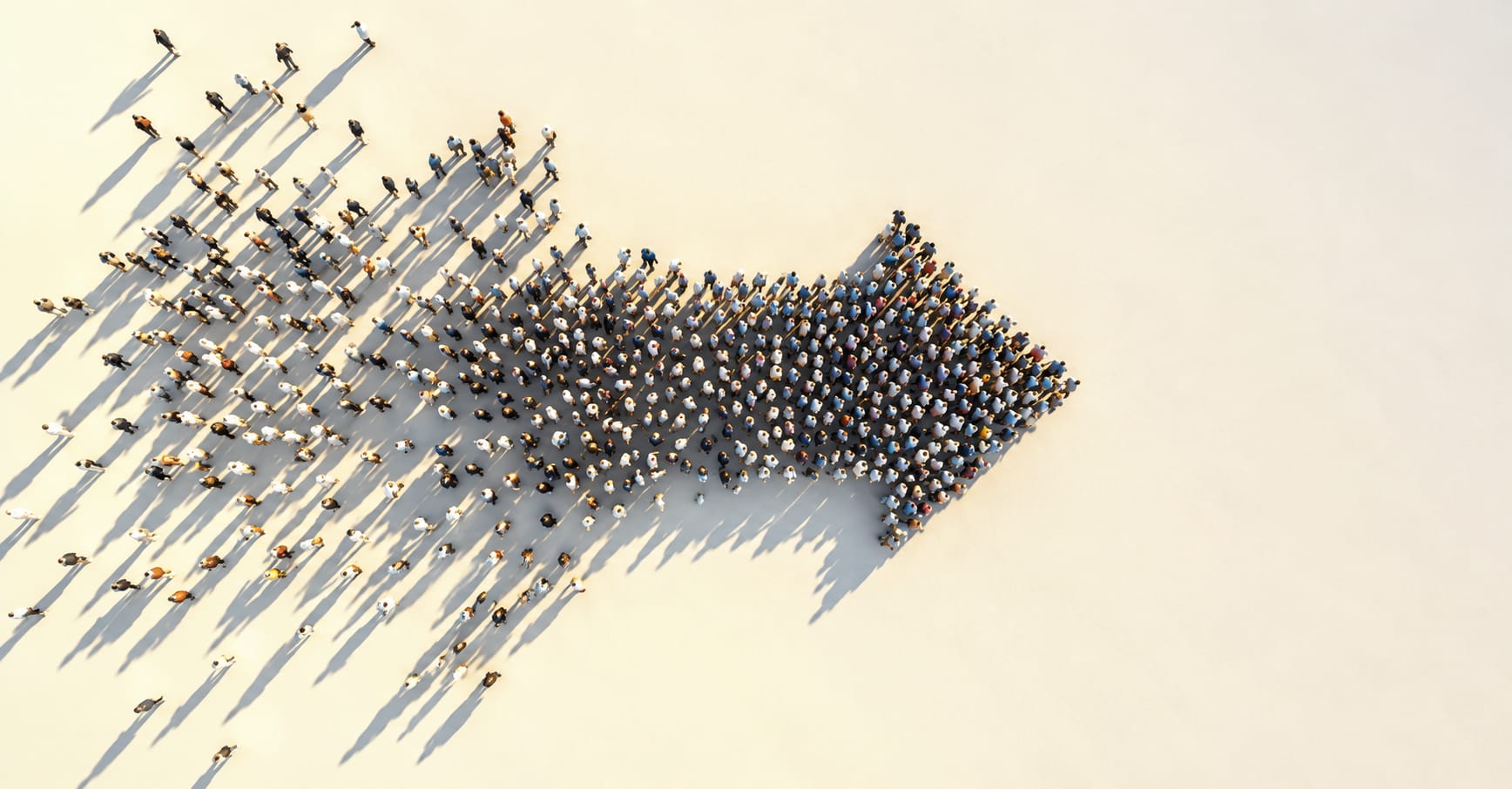 Crowd forming a right-pointing arrow on a light surface
