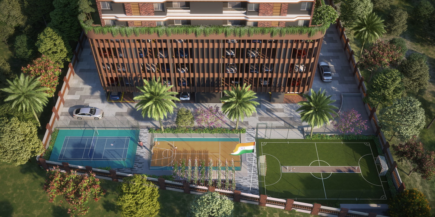 Aerial view of residences with tennis, basketball and football courts
