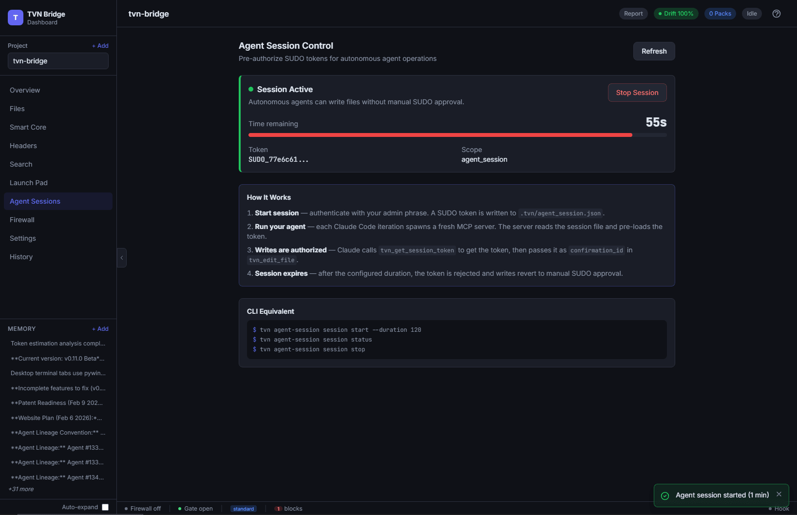 Agent Sessions — TVN Bridge dashboard screenshot
