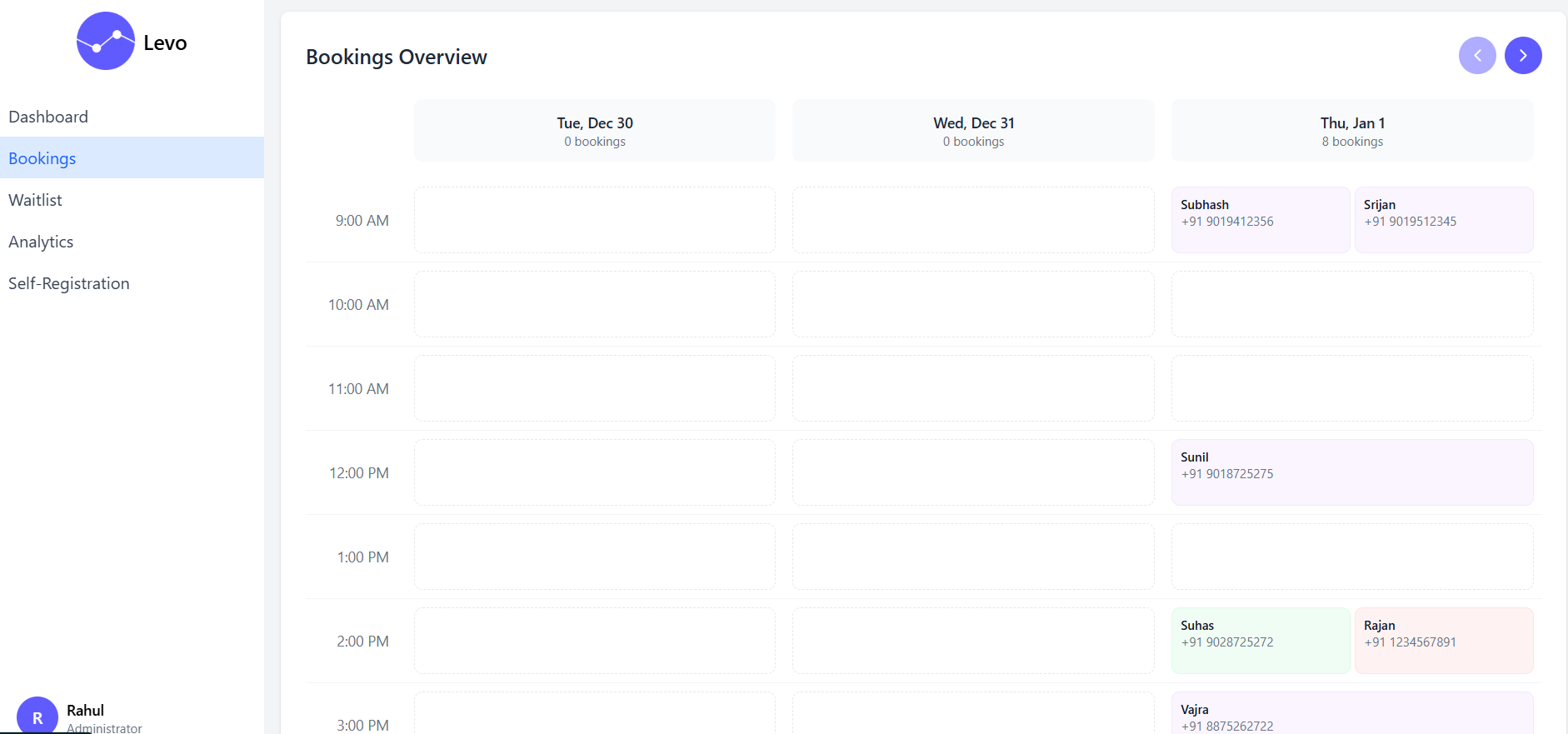Bookings Page