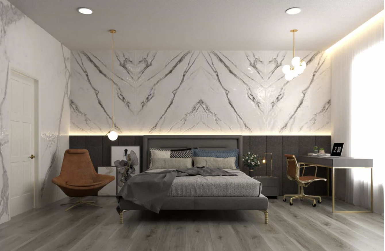 Bedroom with light gray flooring and marble walls