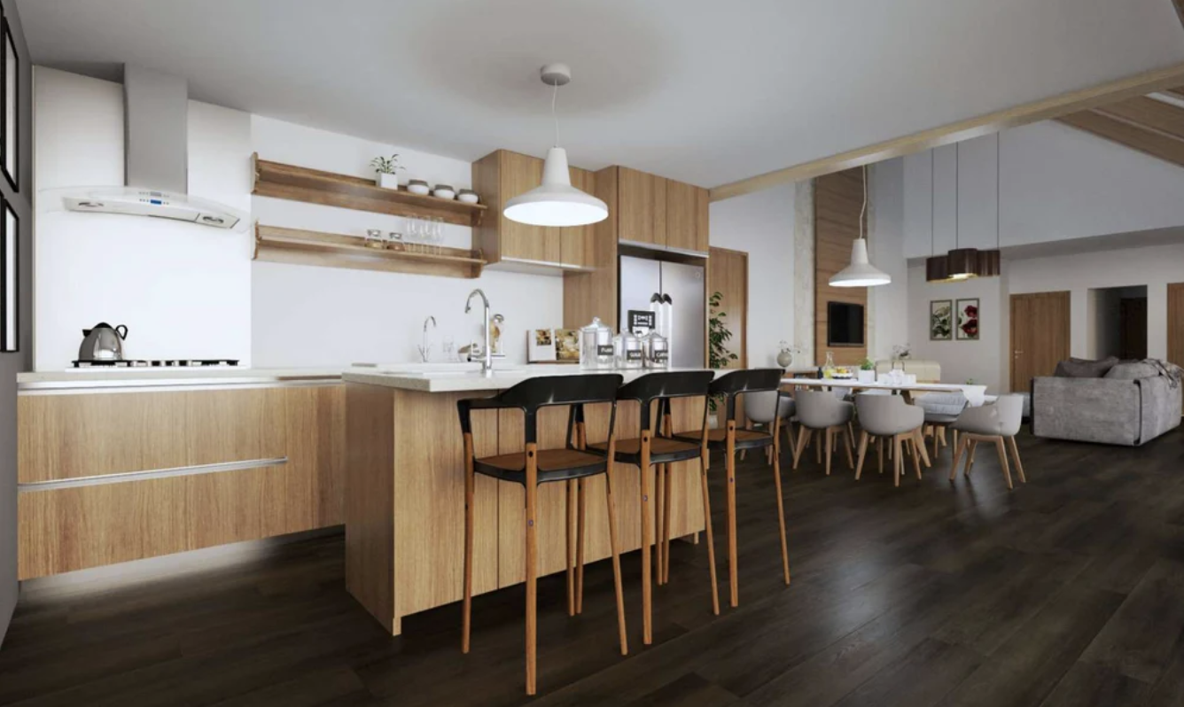 Modern kitchen with rich espresso flooring