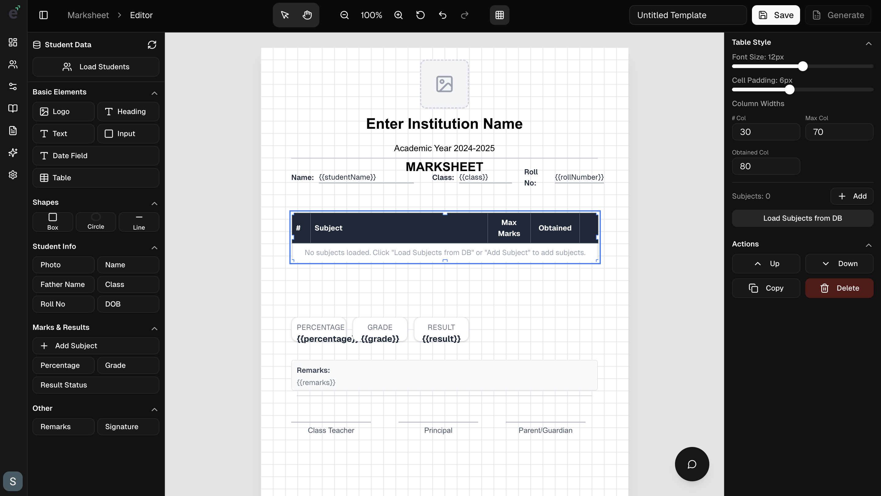 Marksheet Builder Interface
