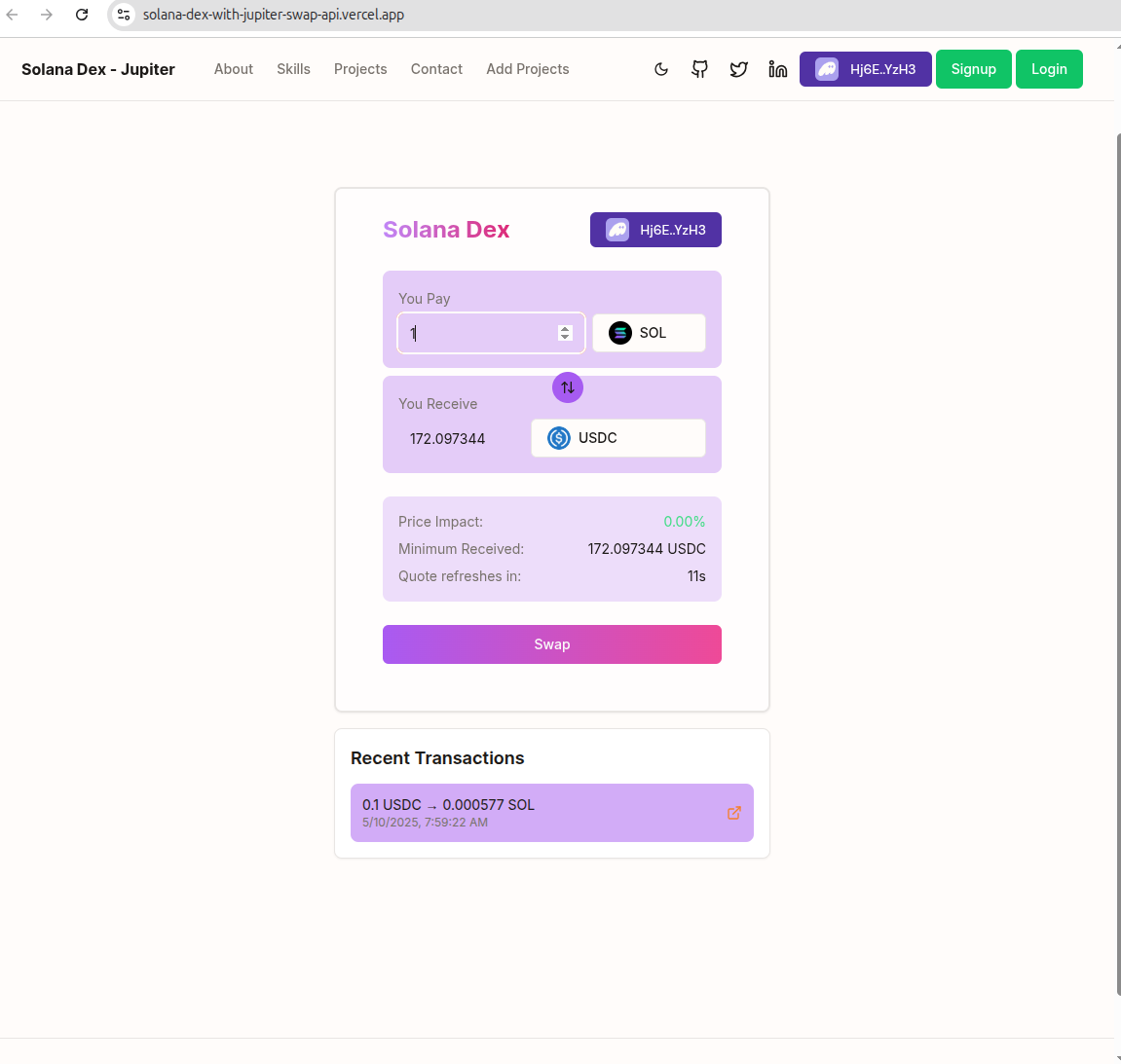 Demo Image of Solana DEX With Jupiter Swap API