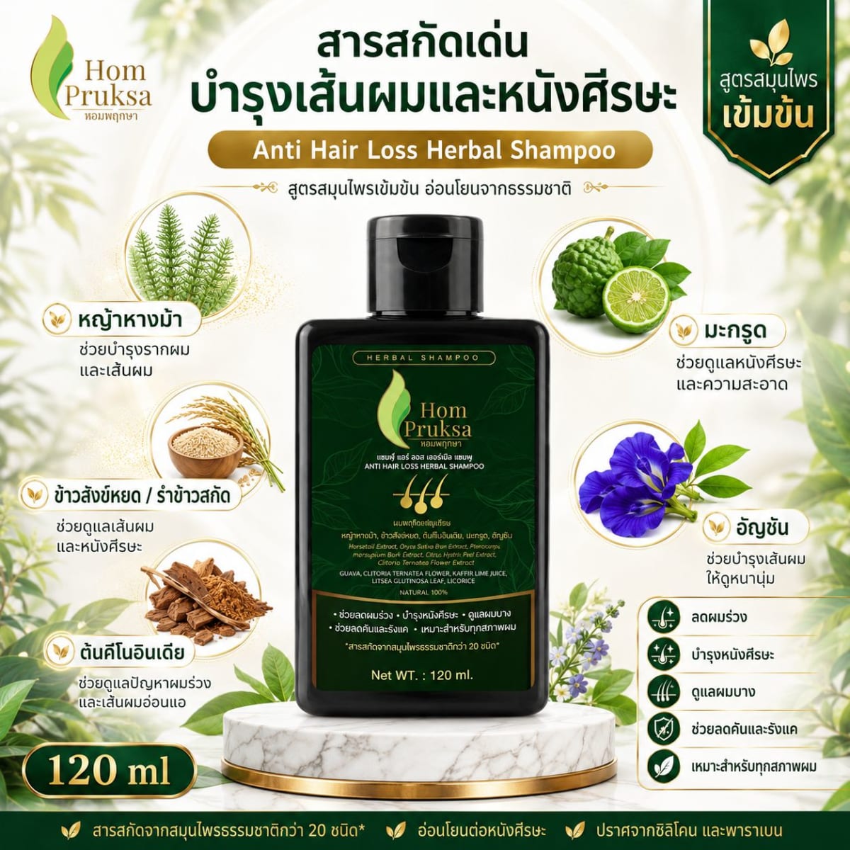 แชมพู ลดผมร่วง ปลูกผม บำรุงหนังศีรษะ แอนตี้ แฮร์ ลอส เฮอร์เบิลแชมพู Anti Hair Loss Herbal Shampoo หอมพฤกษา (HomPruksa) ลดผมร่วง ผมหงอก ผมบาง คัน รังแค ชันตุ 120 ml.