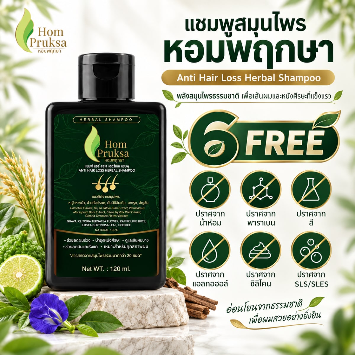 แชมพู ลดผมร่วง ปลูกผม บำรุงหนังศีรษะ แอนตี้ แฮร์ ลอส เฮอร์เบิลแชมพู Anti Hair Loss Herbal Shampoo หอมพฤกษา (HomPruksa) ลดผมร่วง ผมหงอก ผมบาง คัน รังแค ชันตุ  120 ml. 3