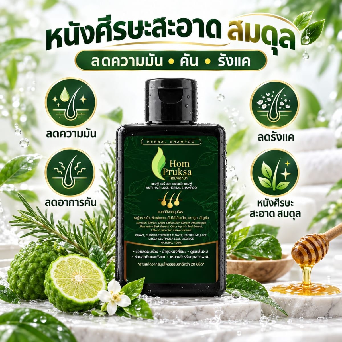 แชมพู ลดผมร่วง ปลูกผม บำรุงหนังศีรษะ แอนตี้ แฮร์ ลอส เฮอร์เบิลแชมพู Anti Hair Loss Herbal Shampoo หอมพฤกษา (HomPruksa) ลดผมร่วง ผมหงอก ผมบาง คัน รังแค ชันตุ  120 ml. 4