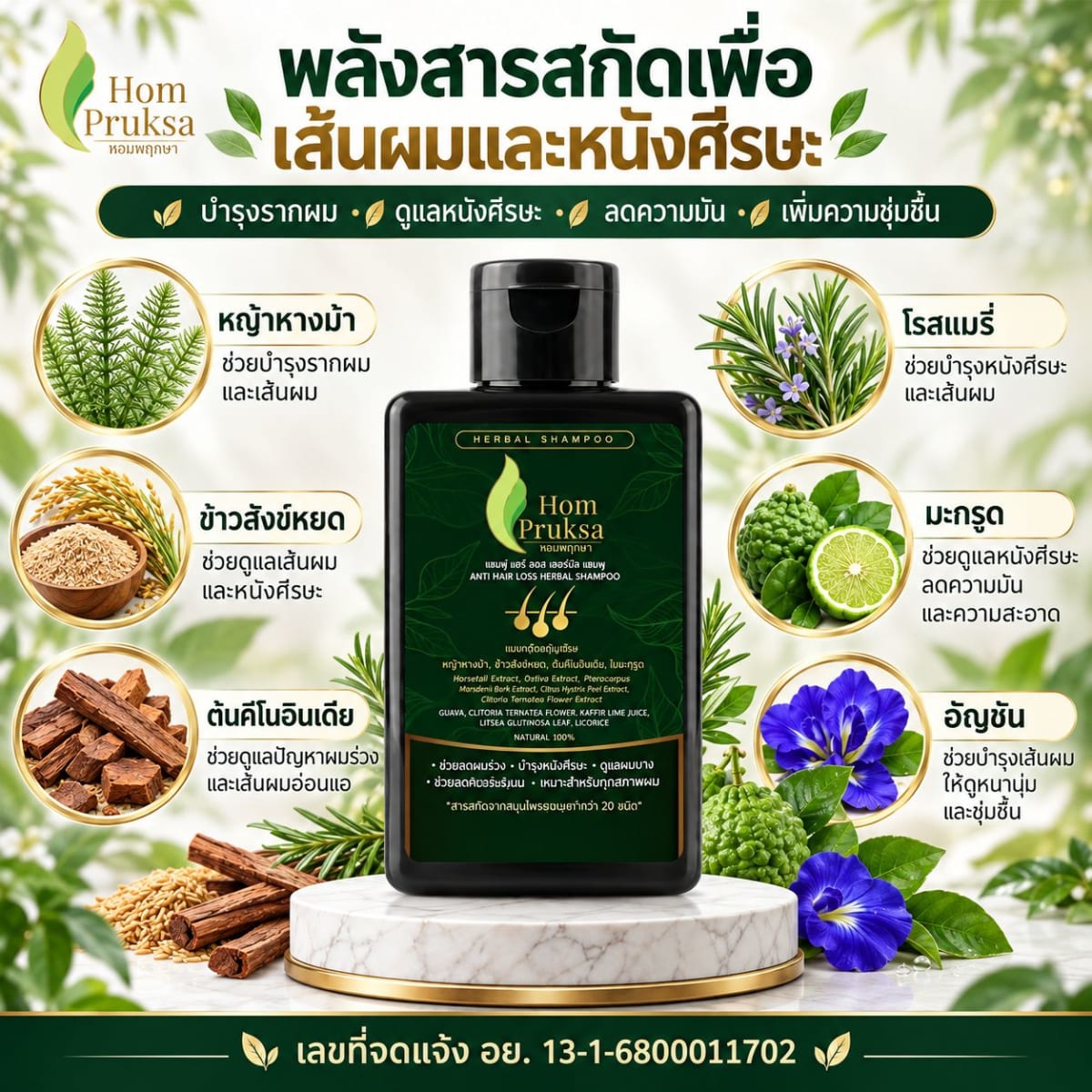 แชมพู ลดผมร่วง ปลูกผม บำรุงหนังศีรษะ แอนตี้ แฮร์ ลอส เฮอร์เบิลแชมพู Anti Hair Loss Herbal Shampoo หอมพฤกษา (HomPruksa) ลดผมร่วง ผมหงอก ผมบาง คัน รังแค ชันตุ  120 ml. 8