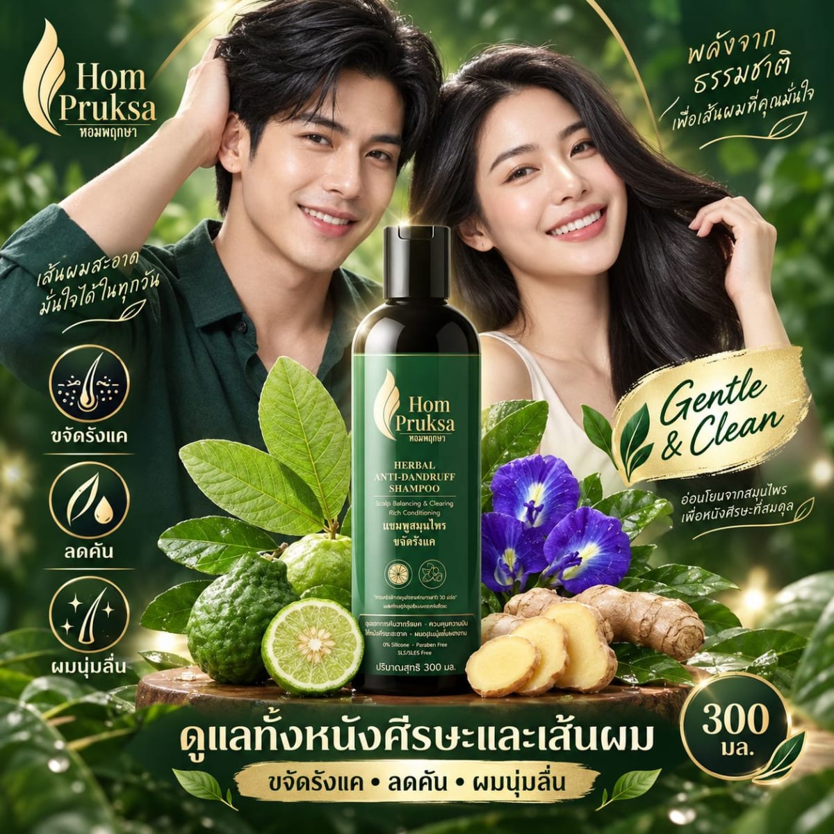 แชมพูขจัดรังแค ลดคันจากรังแค ผมนุ่มลื่น ไร้ซิลิโคน บำรุงรากผมด้วยทองพันชั่งและขิง หอมพฤกษา 300 ml. แชมพูสมุนไพรธรรมชาติ 2