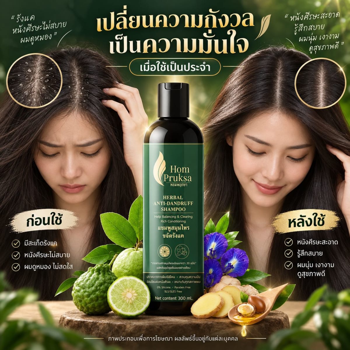 แชมพูขจัดรังแค ลดคันจากรังแค ผมนุ่มลื่น ไร้ซิลิโคน บำรุงรากผมด้วยทองพันชั่งและขิง หอมพฤกษา 300 ml. แชมพูสมุนไพรธรรมชาติ 4