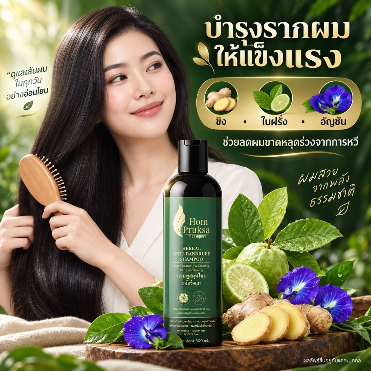 แชมพูขจัดรังแค ลดคันจากรังแค ผมนุ่มลื่น ไร้ซิลิโคน บำรุงรากผมด้วยทองพันชั่งและขิง หอมพฤกษา 300 ml. แชมพูสมุนไพรธรรมชาติ 6