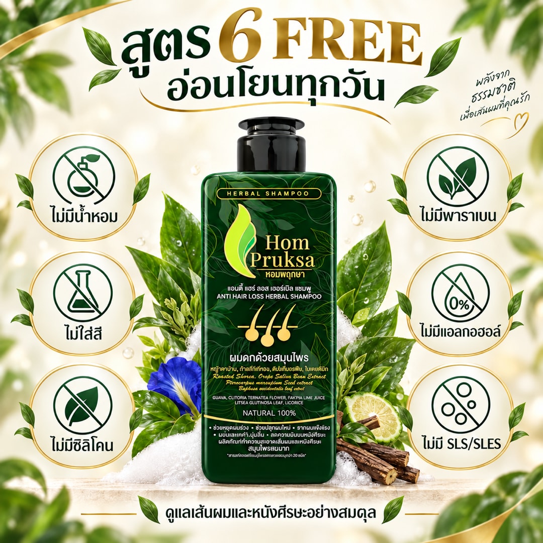 แอนตี้ แฮร์ ลอส เฮอร์เบิล แชมพู ปลูกผม ลดผมร่วง หอมพฤกษา (HomPruksa) อ่อนโยนถนอมเส้นผม บำรุงรากผม หนังศีรษะ 300 ml. 6