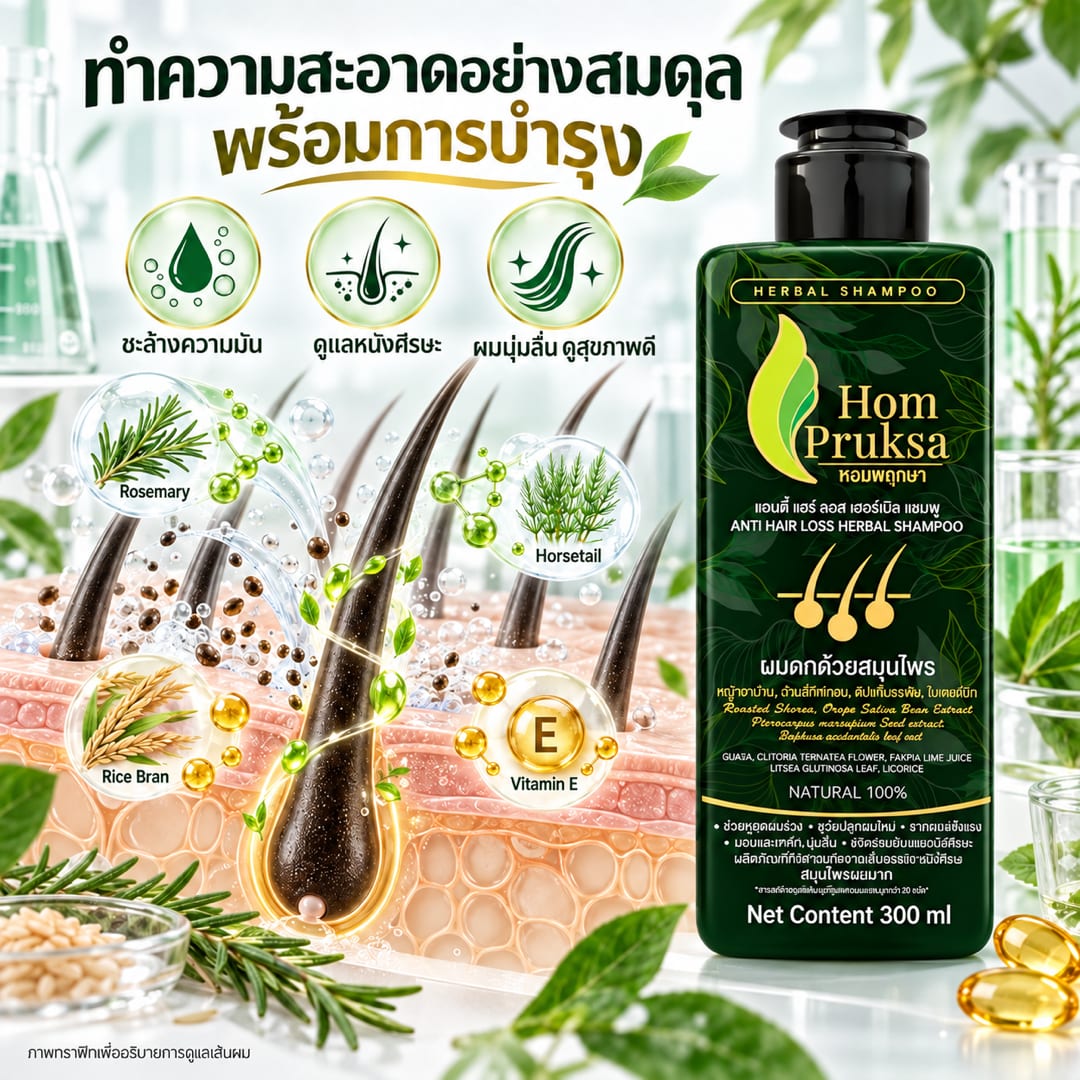 แอนตี้ แฮร์ ลอส เฮอร์เบิล แชมพู ปลูกผม ลดผมร่วง หอมพฤกษา (HomPruksa) อ่อนโยนถนอมเส้นผม บำรุงรากผม หนังศีรษะ 300 ml. 2