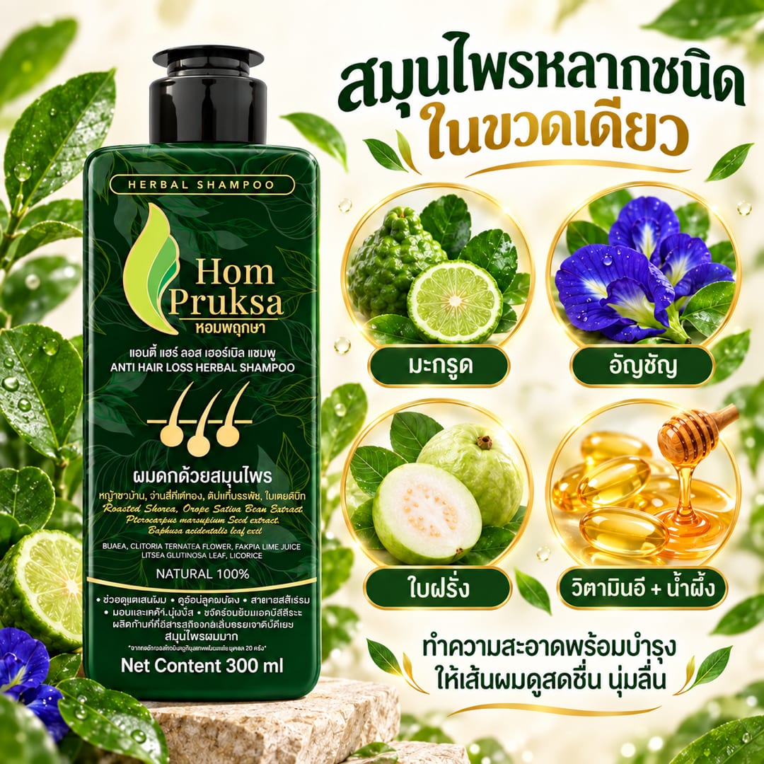 แอนตี้ แฮร์ ลอส เฮอร์เบิล แชมพู ปลูกผม ลดผมร่วง หอมพฤกษา (HomPruksa) อ่อนโยนถนอมเส้นผม บำรุงรากผม หนังศีรษะ 300 ml. 5