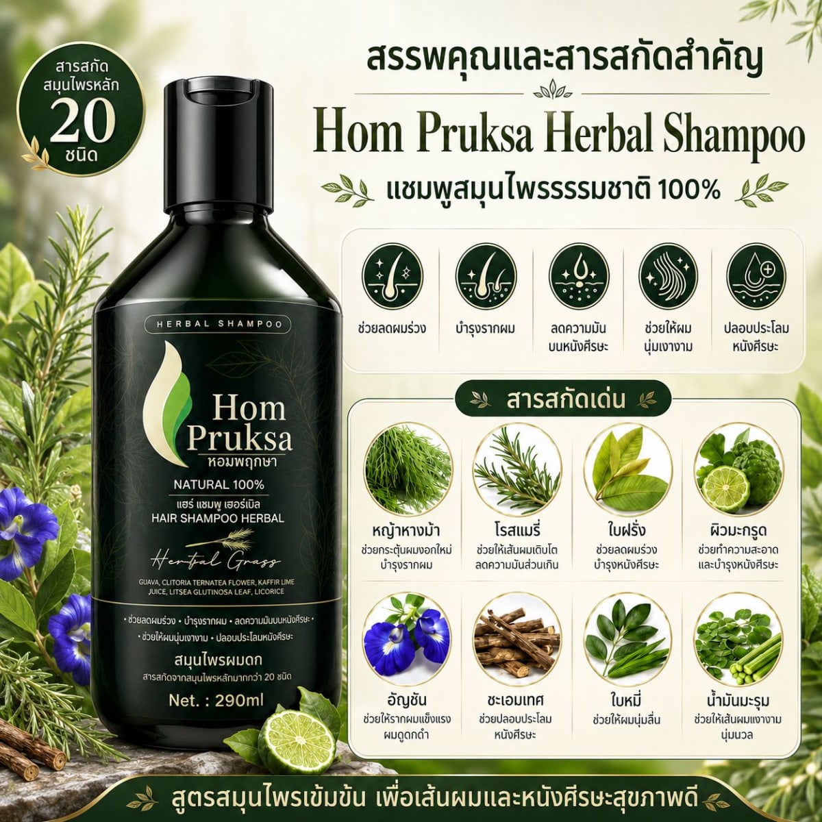 แชมพูปลูกผม แฮร์ เฮอร์เบิล แชมพู Hair Herbal Shampoo ผมดก ลดผมร่วง หอมพฤกษา (Hom Pruksa) ขนาด 290 ml. 3